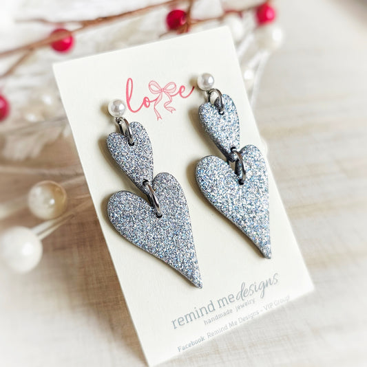 Silver Glitter Hearts Valentine's Clay Dangle Earrings
