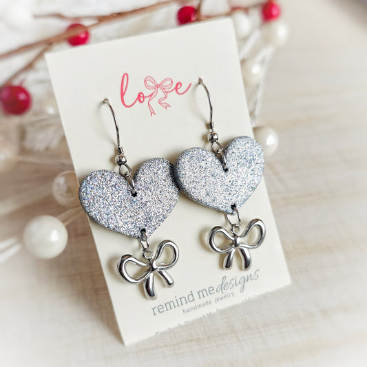 Silver Glitter Hearts and Bow Valentine's Clay Dangle Earrings
