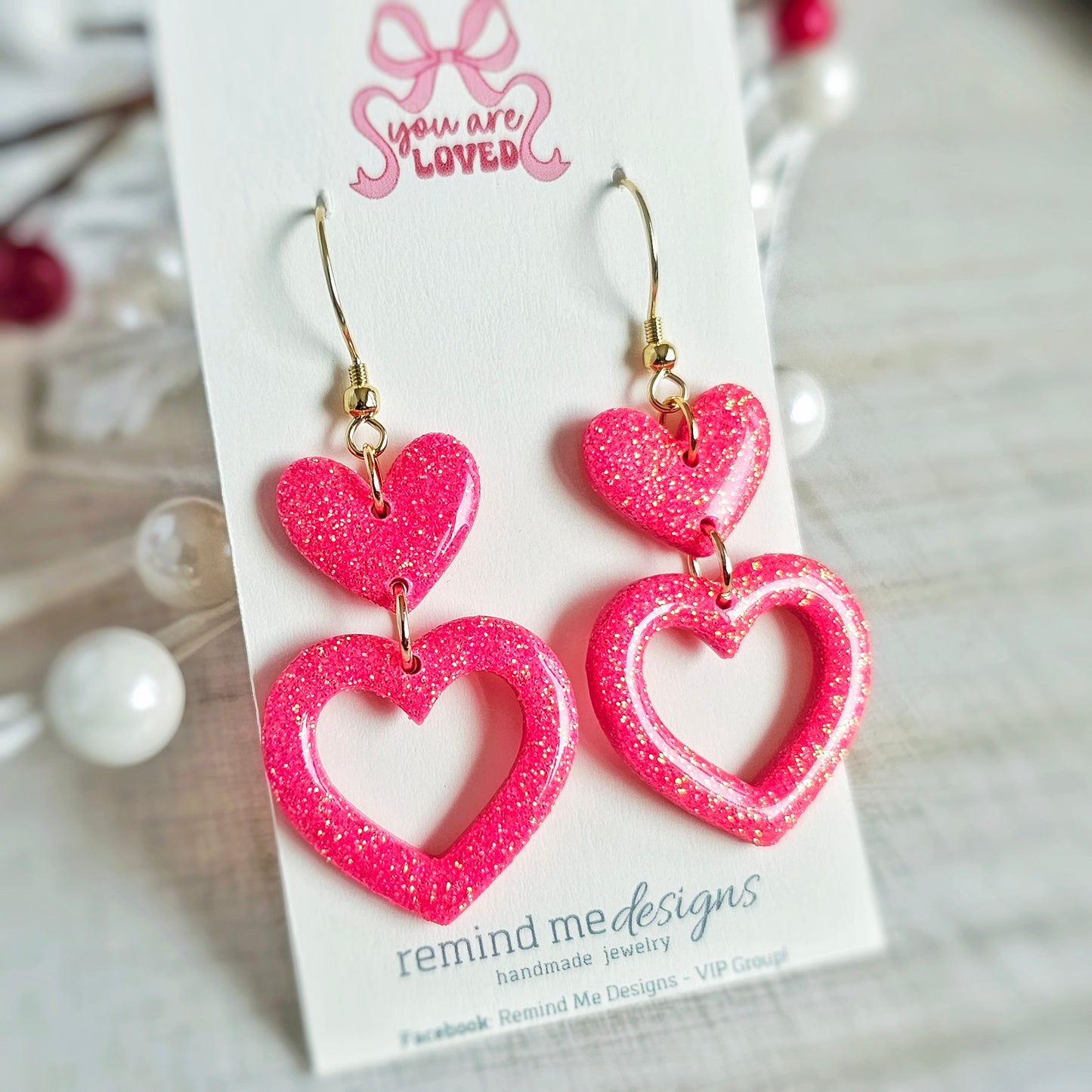 Glitter Pink Hearts Valentine's Clay Dangle Earrings