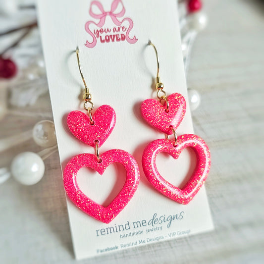 Glitter Pink Hearts Valentine's Clay Dangle Earrings