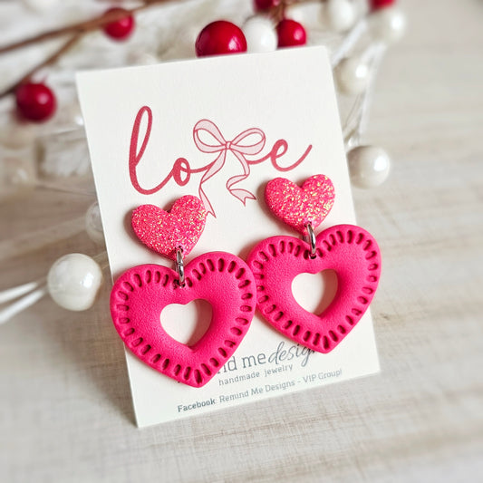 Glitter Pink Heart Valentine's Clay Dangle Earrings