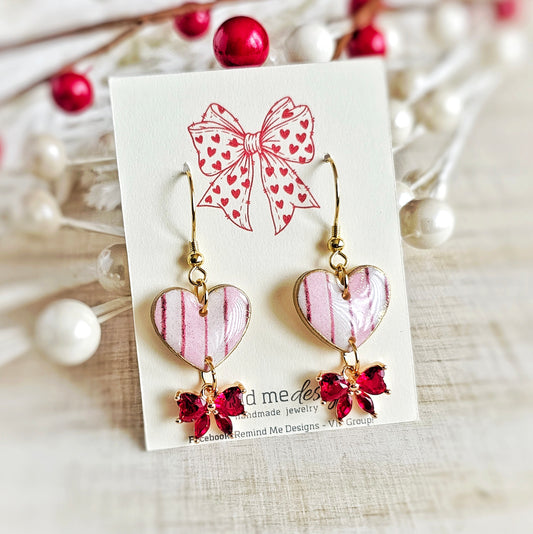 Pink and White Stripe Tiny Heart and Bow Valentine's Clay Dangle Earrings