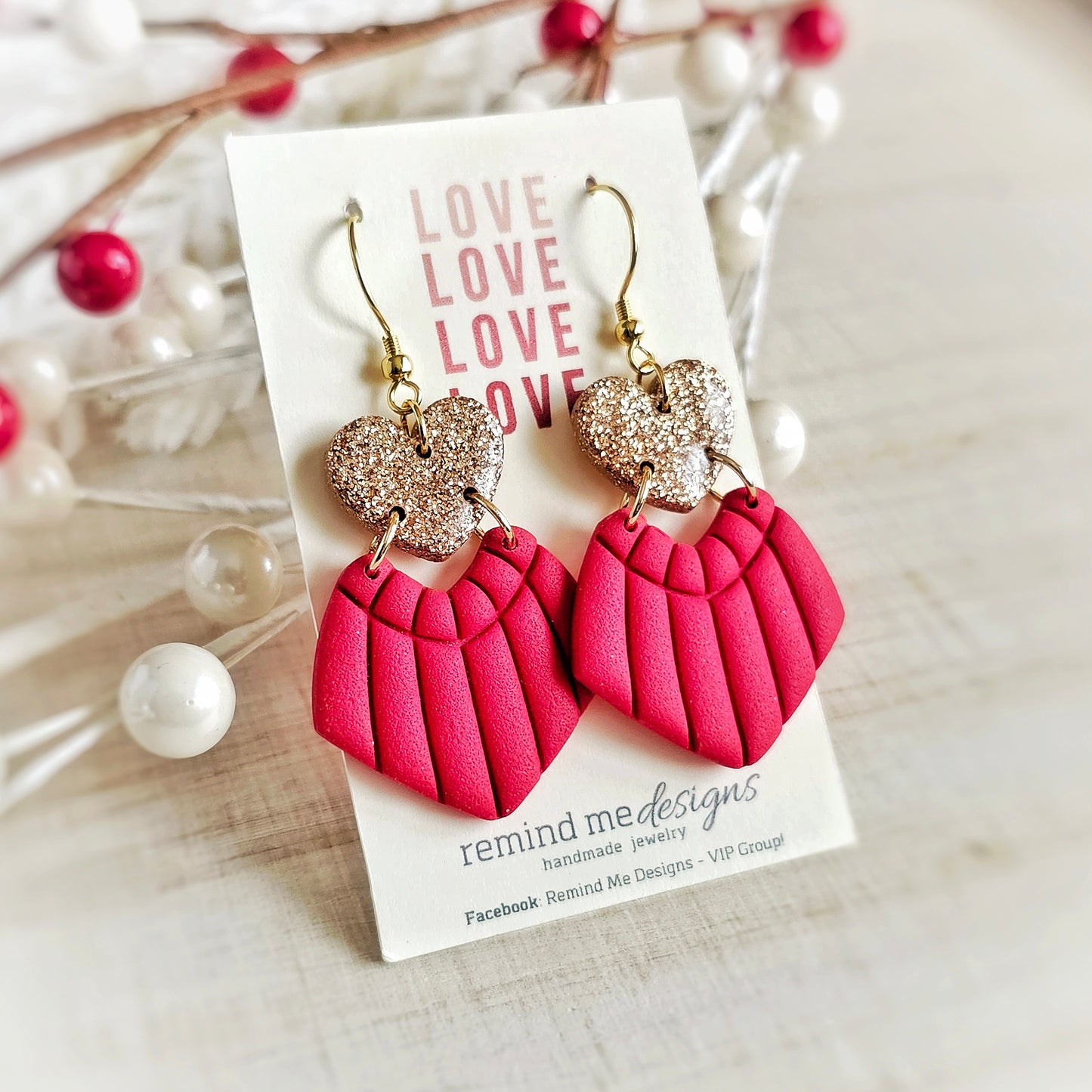 Red Gold Heart Shape Valentine's Clay Dangle Earrings