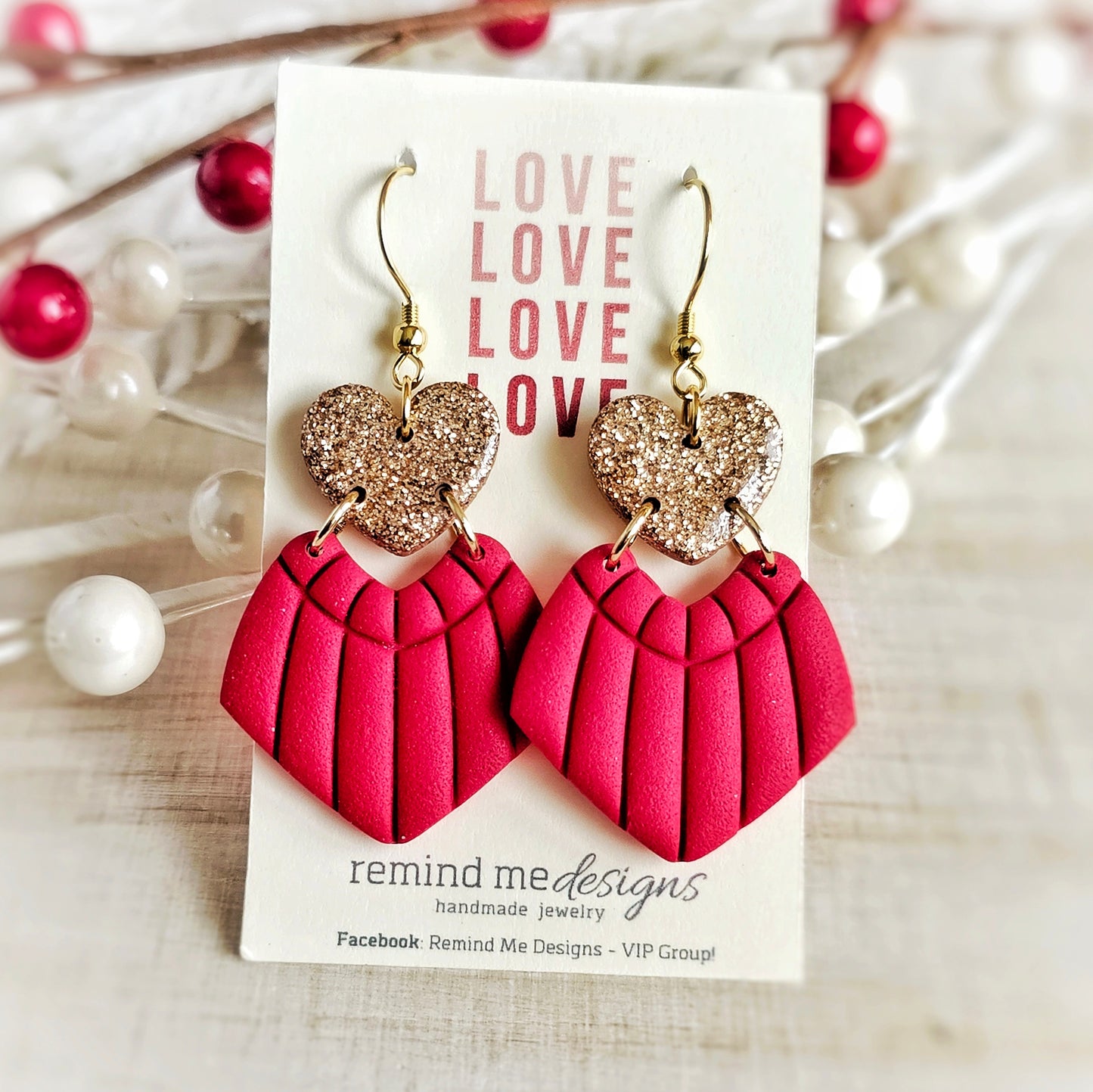 Red Gold Heart Shape Valentine's Clay Dangle Earrings