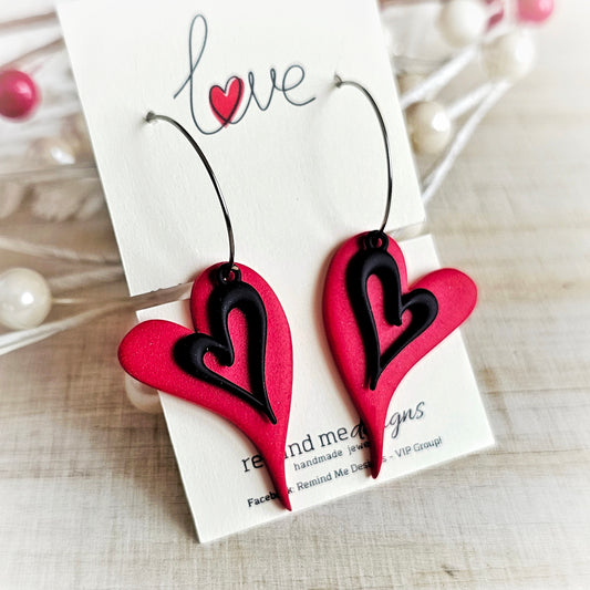 Red and Black Heart Shape Valentine's Clay Dangle Hoop Earrings