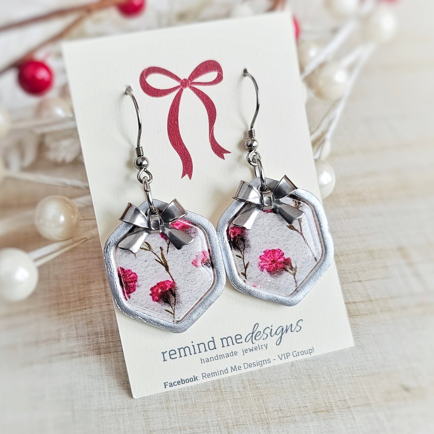 Bow and Roses Print Valentine's Clay Dangle Earrings