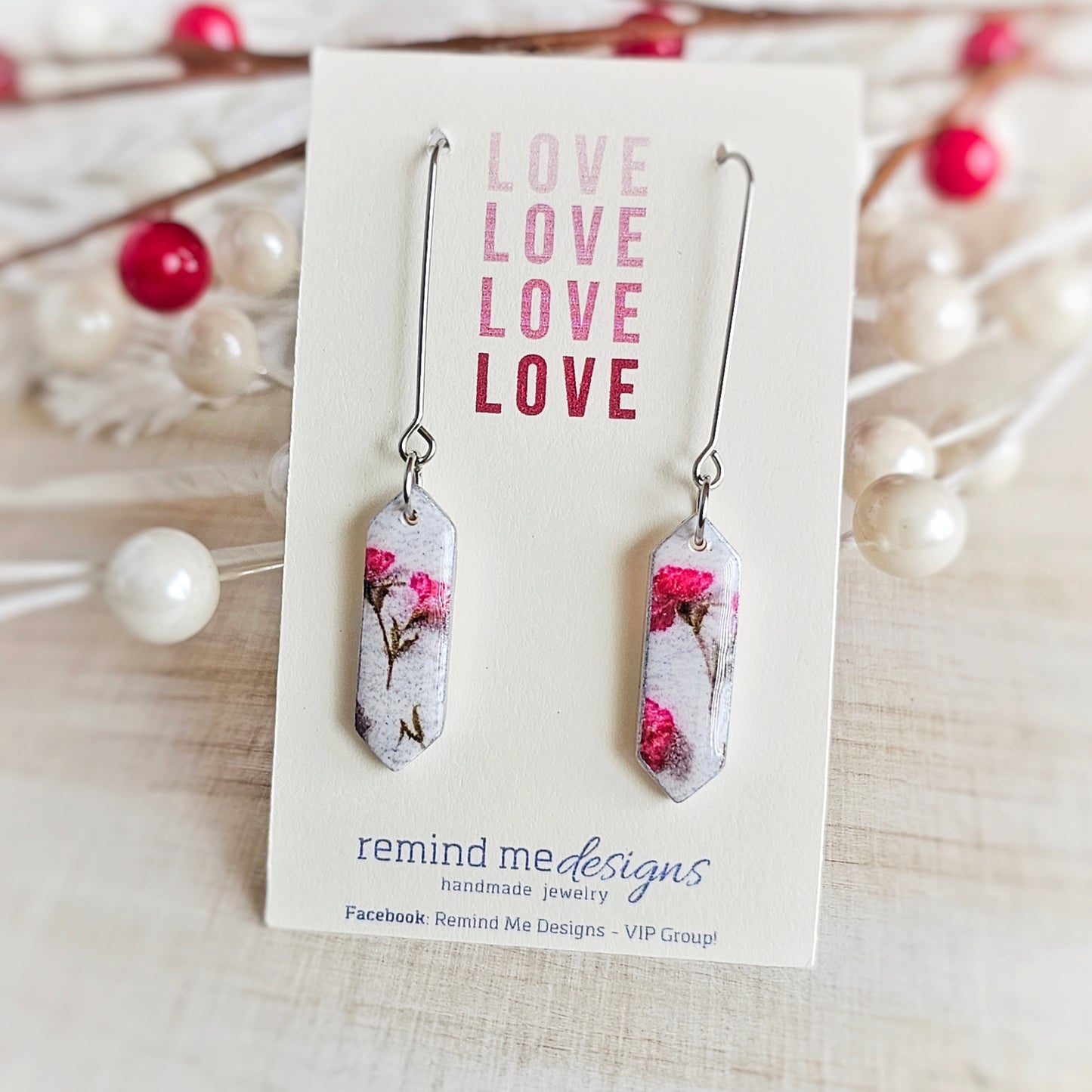 Crystal Shape and Roses Print | Valentine's Clay Dangle Earrings