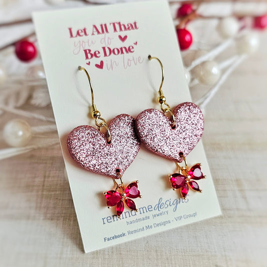 Pink Glitter Heart with Red Bow | Valentine's Clay Dangle Earrings