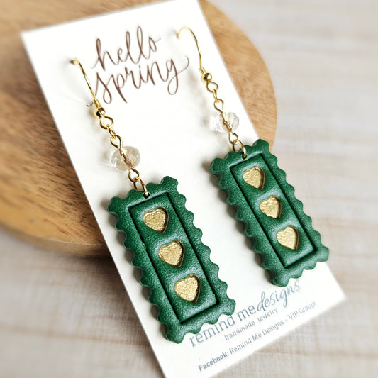 Gold Hearts Green Polymer Clay Dangle Earrings