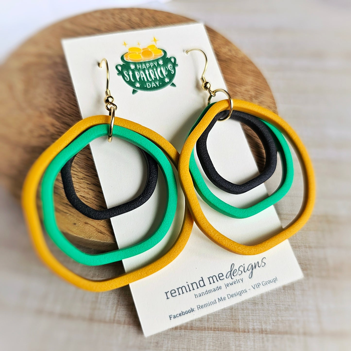Gold, Kelly and Dark Green Clay Dangle Hoop Earrings