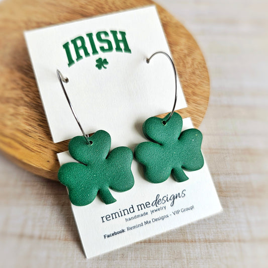 Green Shamrock Clay Dangle Hoops Earrings