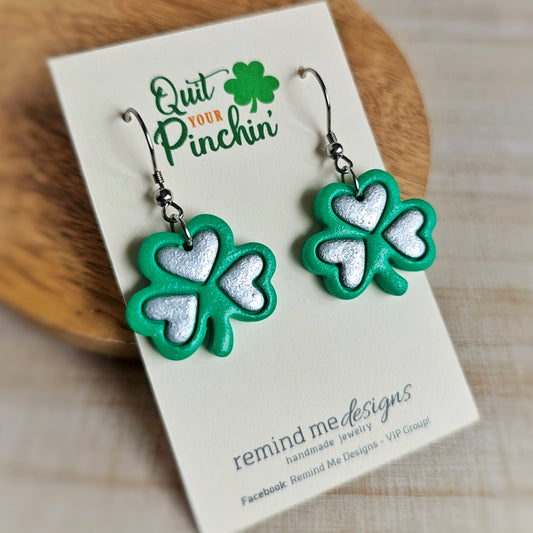 Green Shamrock Clay Dangle Earrings