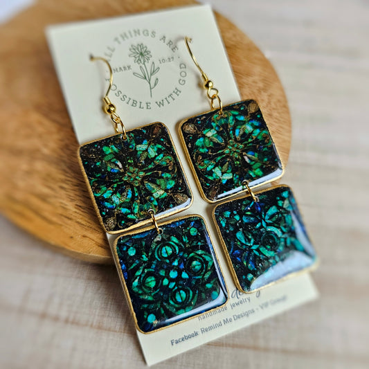 Emerald Green Stained Glass Clay Dangle Earrings