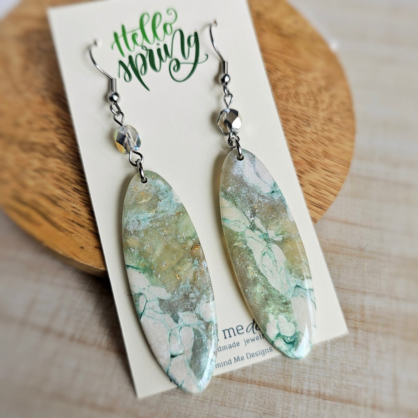 White, Light Green and Silver Marbled Clay Dangle Earrings