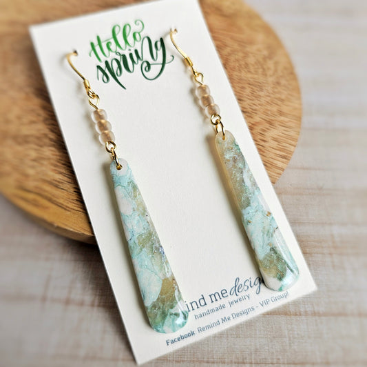 White, Light Green and Gold Marbled Clay Dangle Earrings