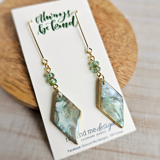 White, Light Green and Gold Marbled Clay Dangle Earrings