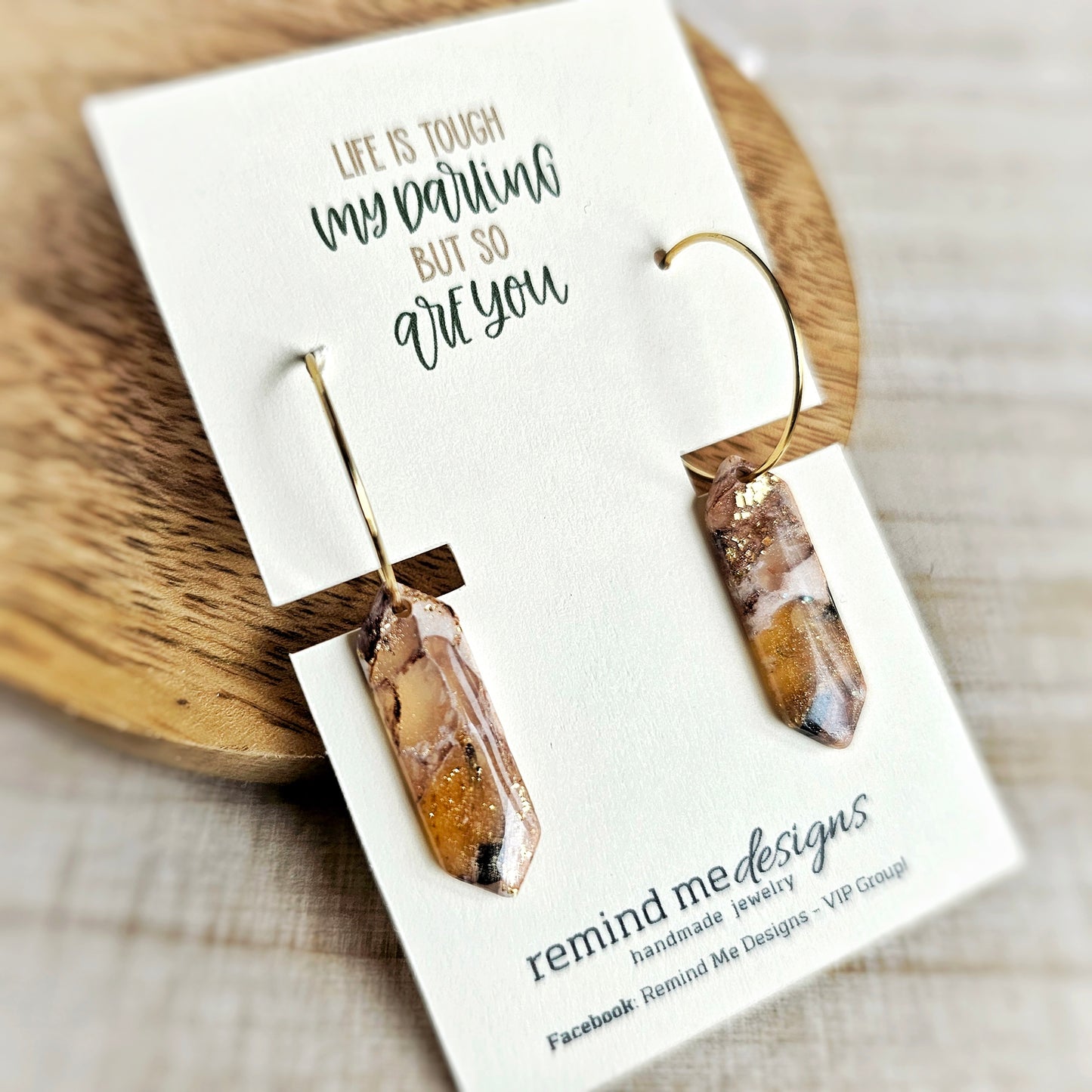 White, Brown, Gold and Black Marbled Clay Dangle Earrings