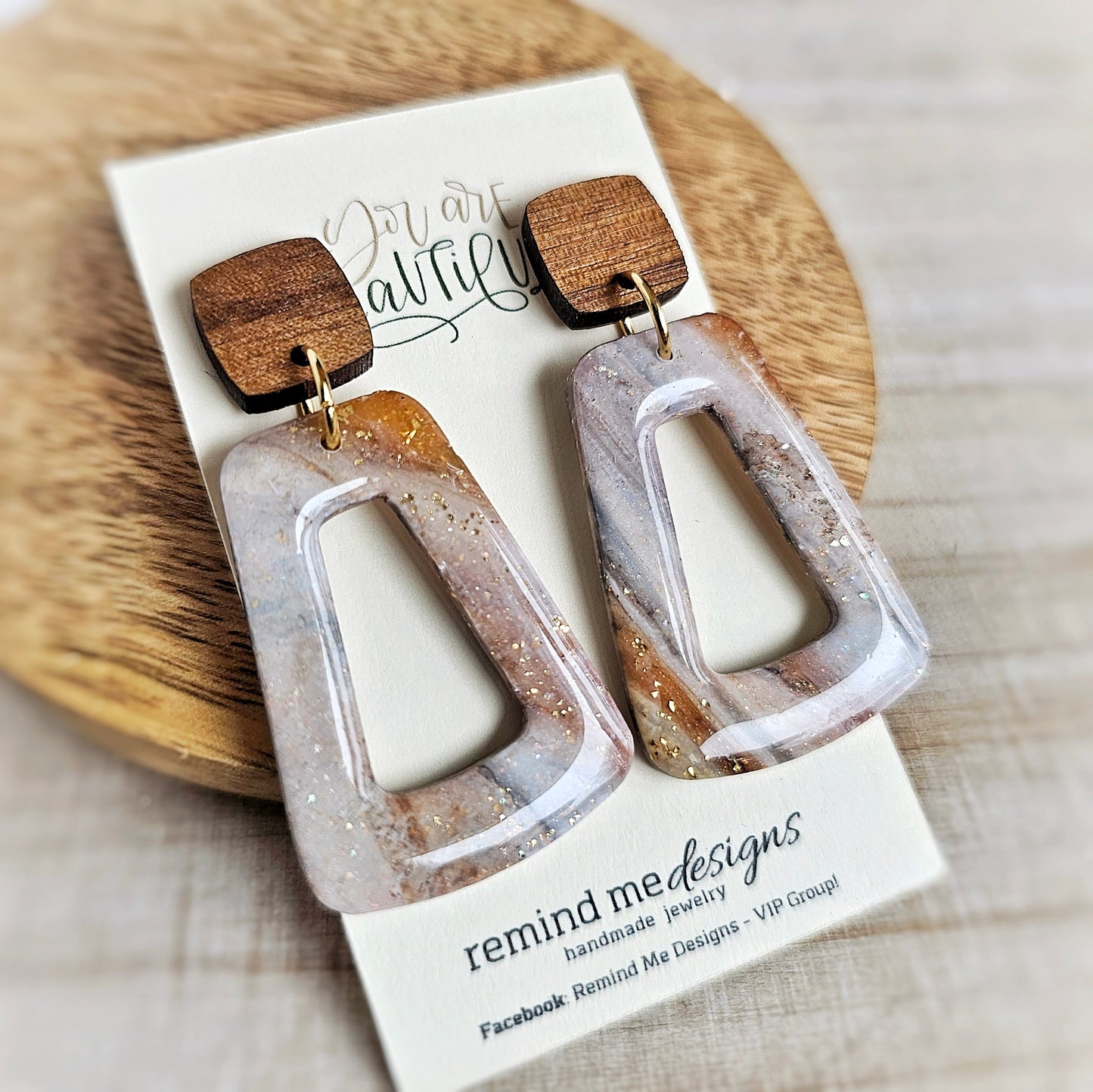 White, Brown and Gold Marbled Clay Dangle Earrings