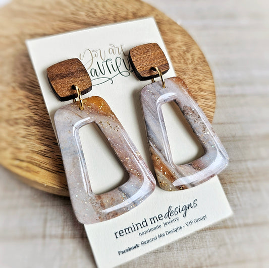 White, Brown and Gold Marbled Clay Dangle Earrings