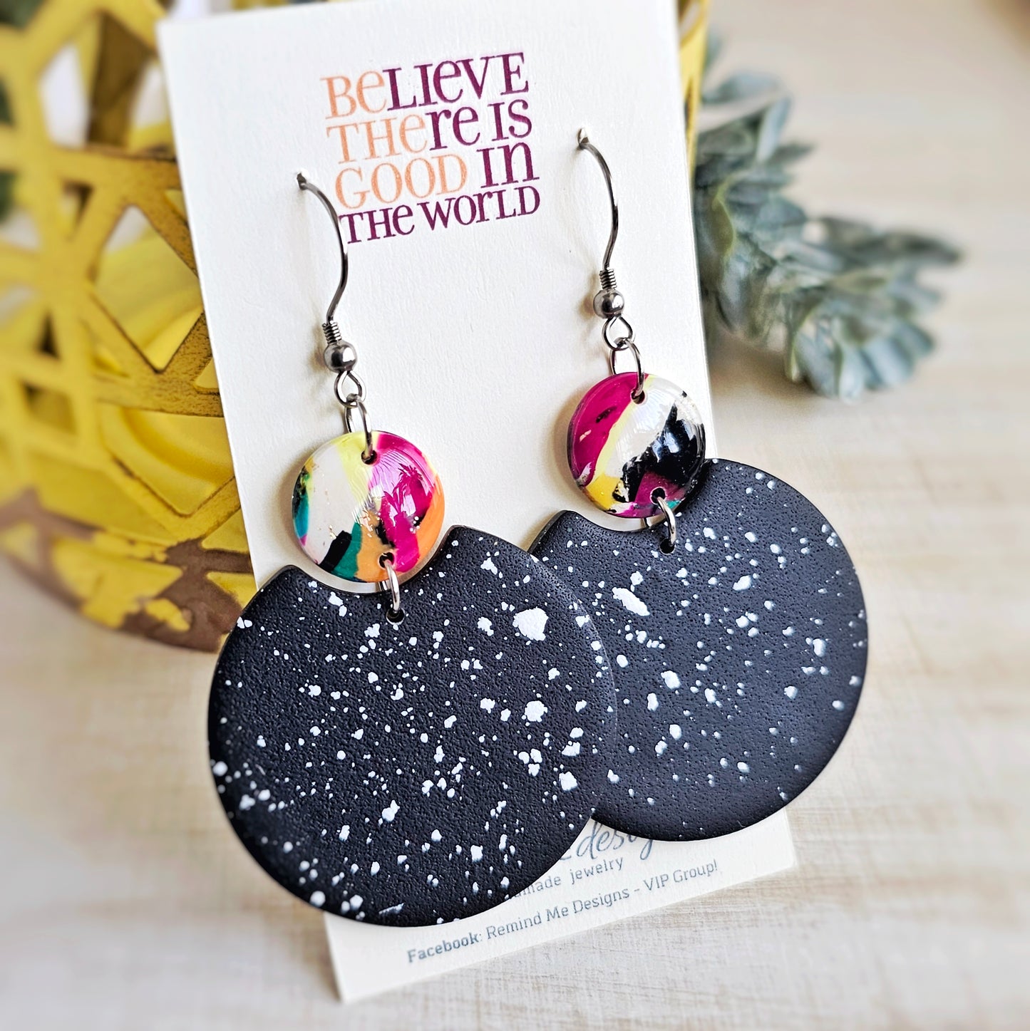 Black with Bright Colorful Marbled Clay Dangle Earrings