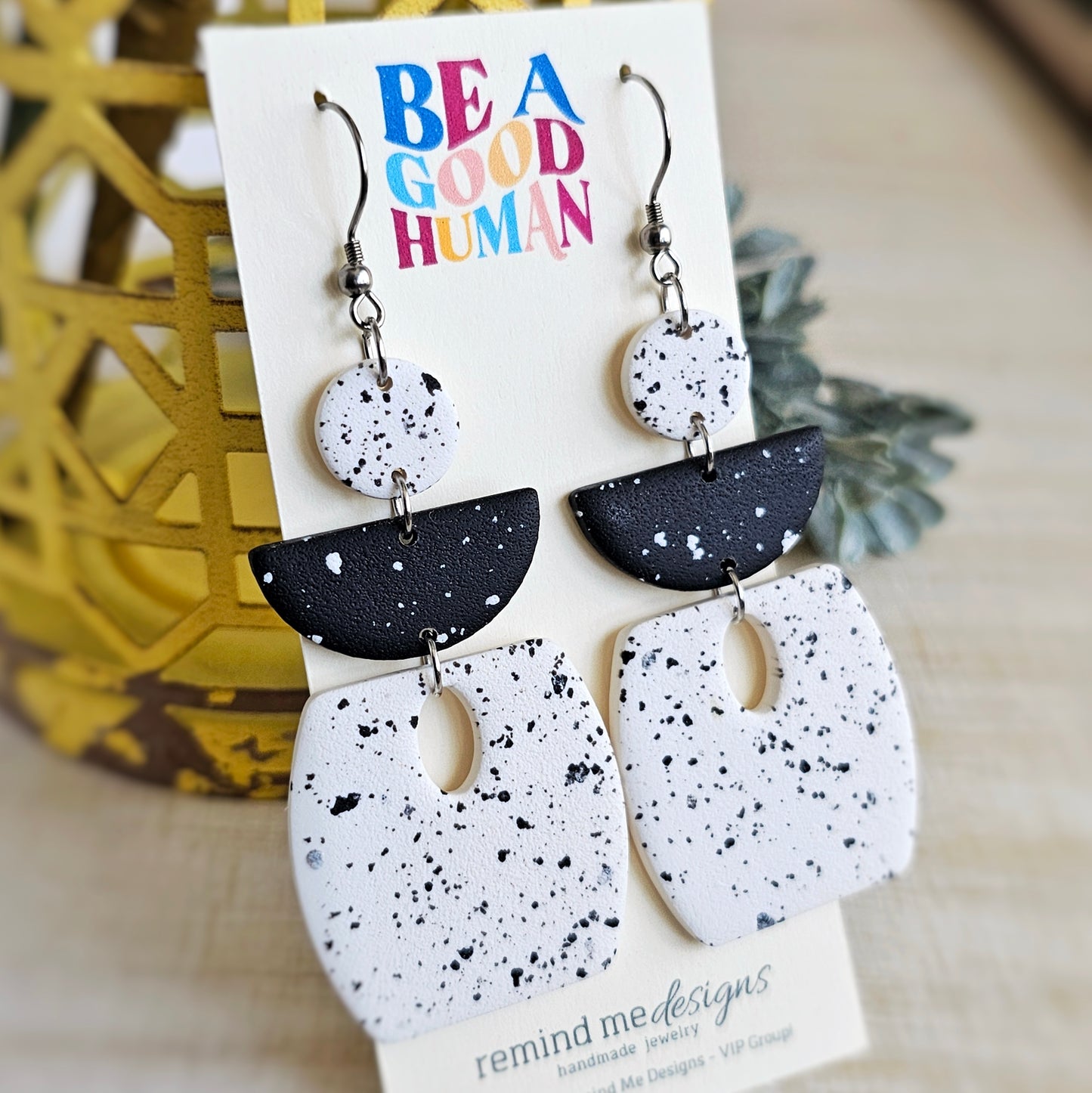 White and Black Clay Dangle Earrings