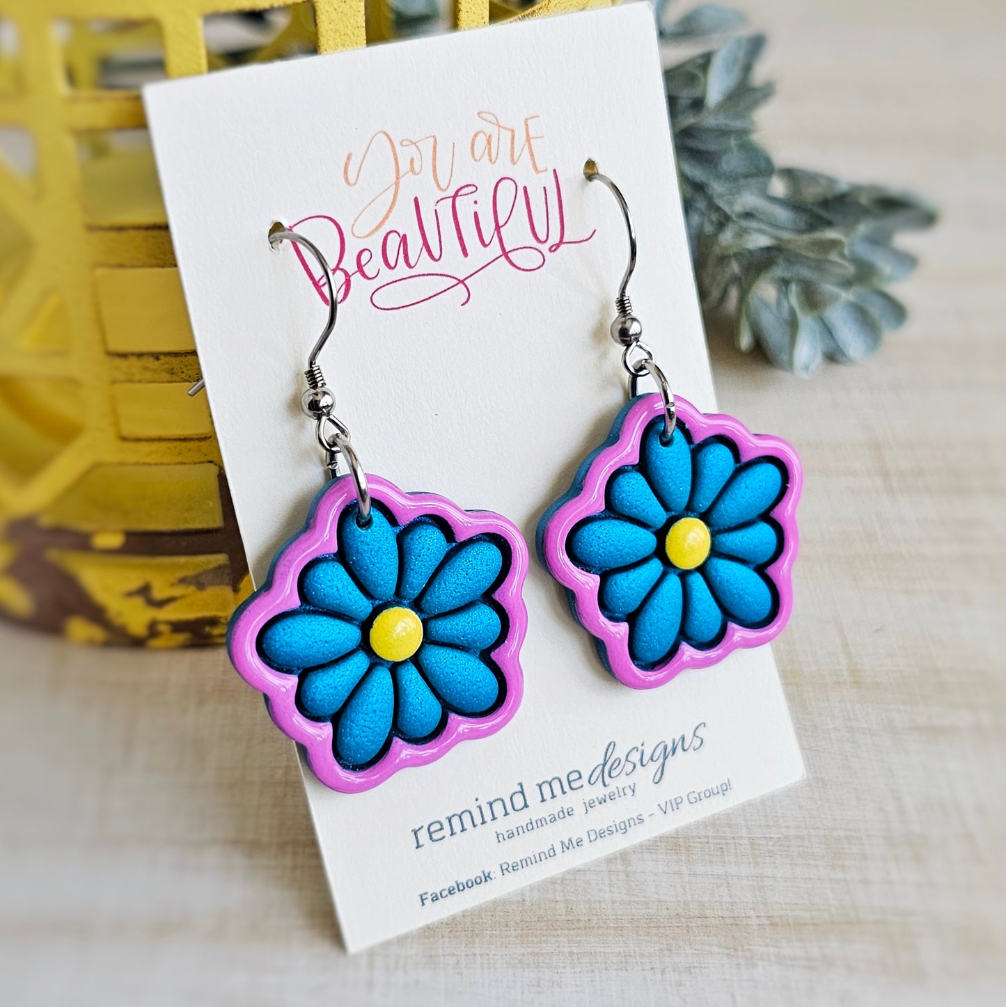 Yellow Pink and Pearled Teal Clay Flower Dangle Earrings