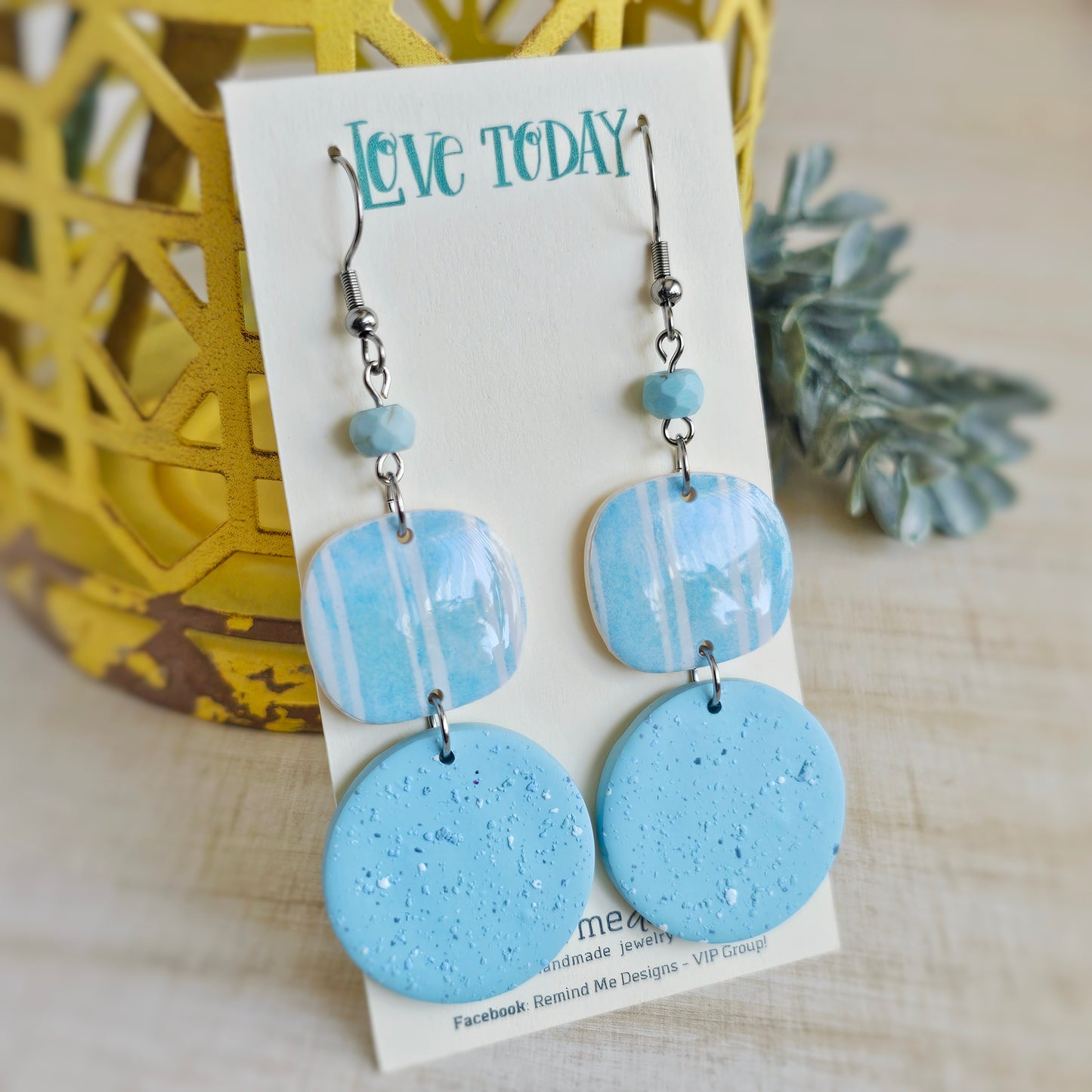 Light Aqua Blue and White Clay Dangle Earrings
