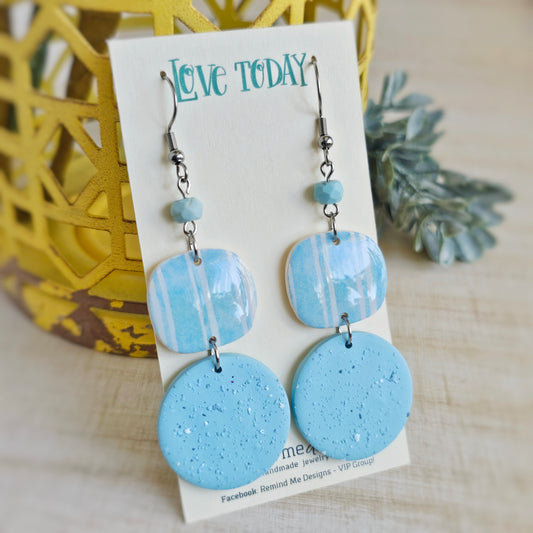 Light Aqua Blue and White Clay Dangle Earrings