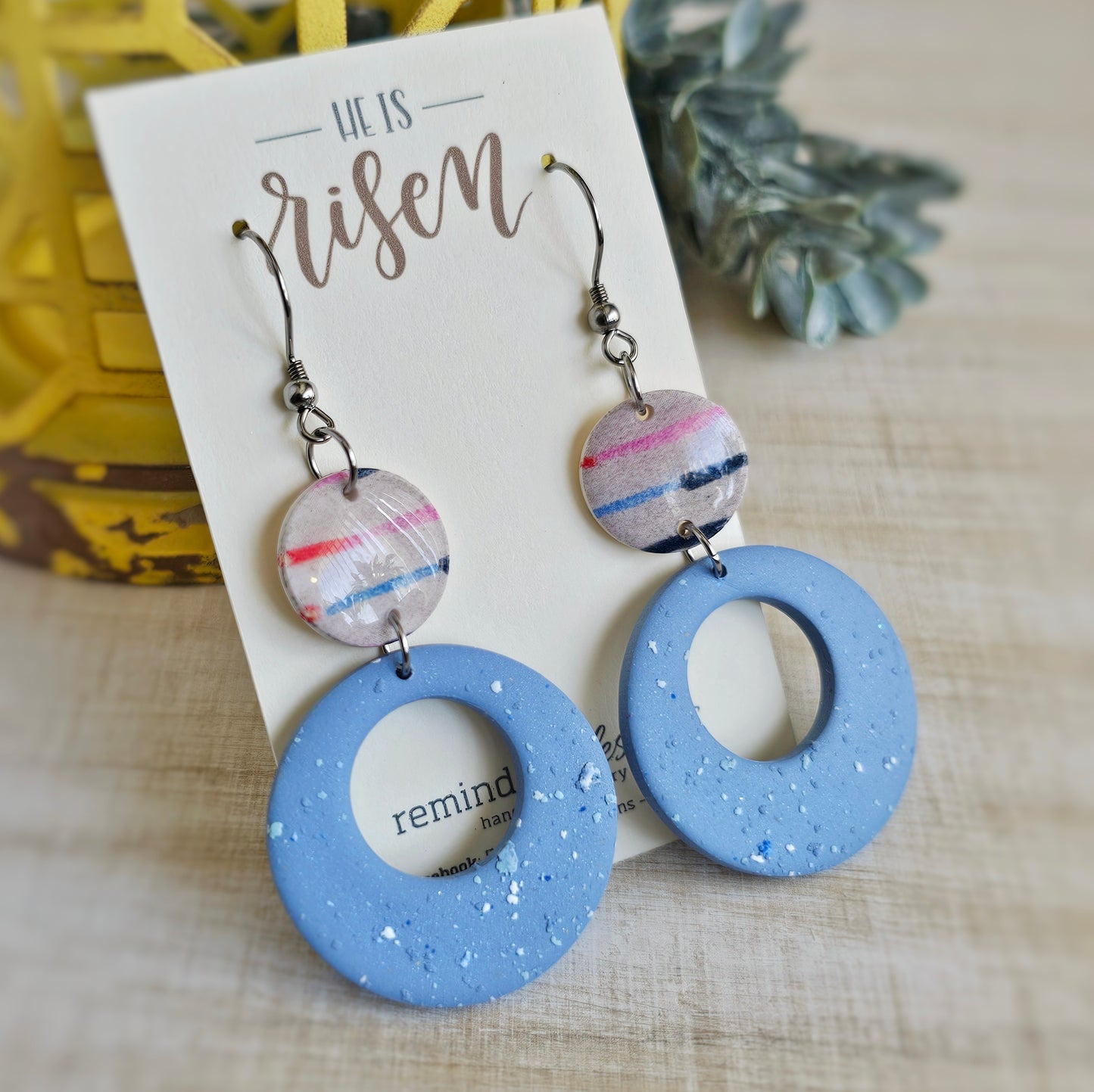 Dusty Blue Striped Design Clay Dangle Earrings