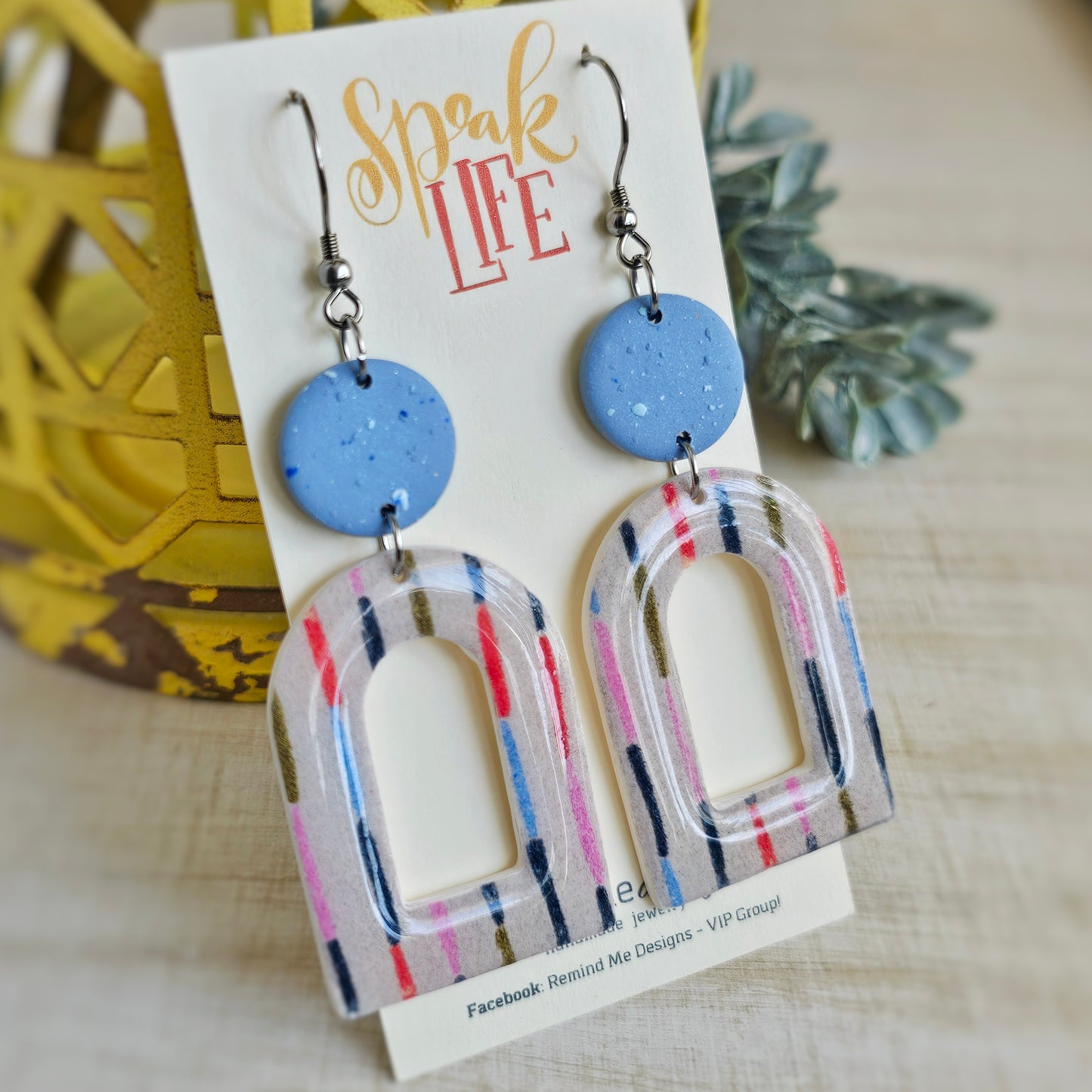 Dusty Blue Striped Design Clay Dangle Earrings