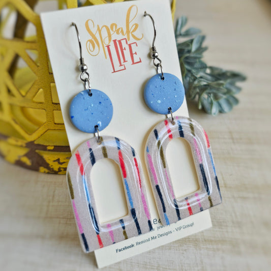 Dusty Blue Striped Design Clay Dangle Earrings