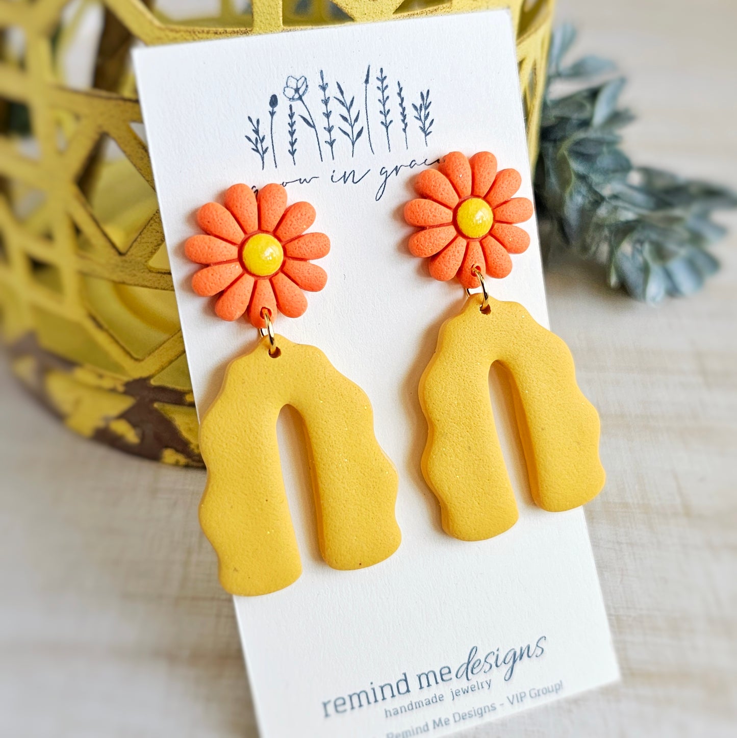 Yellow and Orange Flower Clay Dangle Earrings