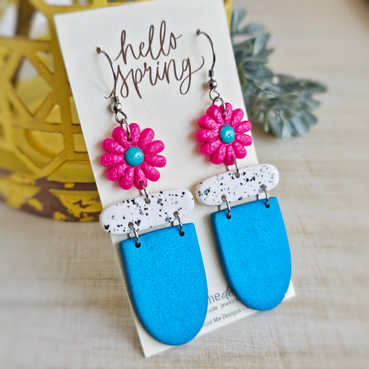 Fuchsia, White, Black and Teal Clay Dangle Earrings
