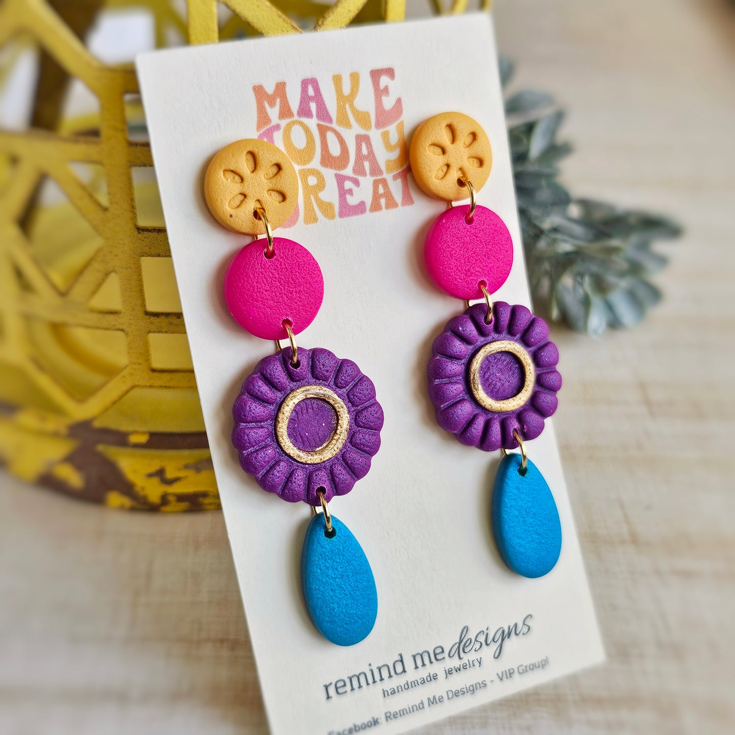 Yellow, Fuchsia, Purple and Teal Clay Dangle Earrings