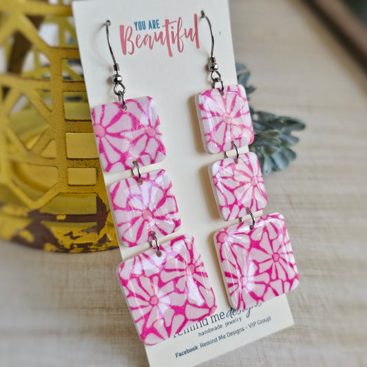 Pink Funky Floral Clay Dangle Earrings
