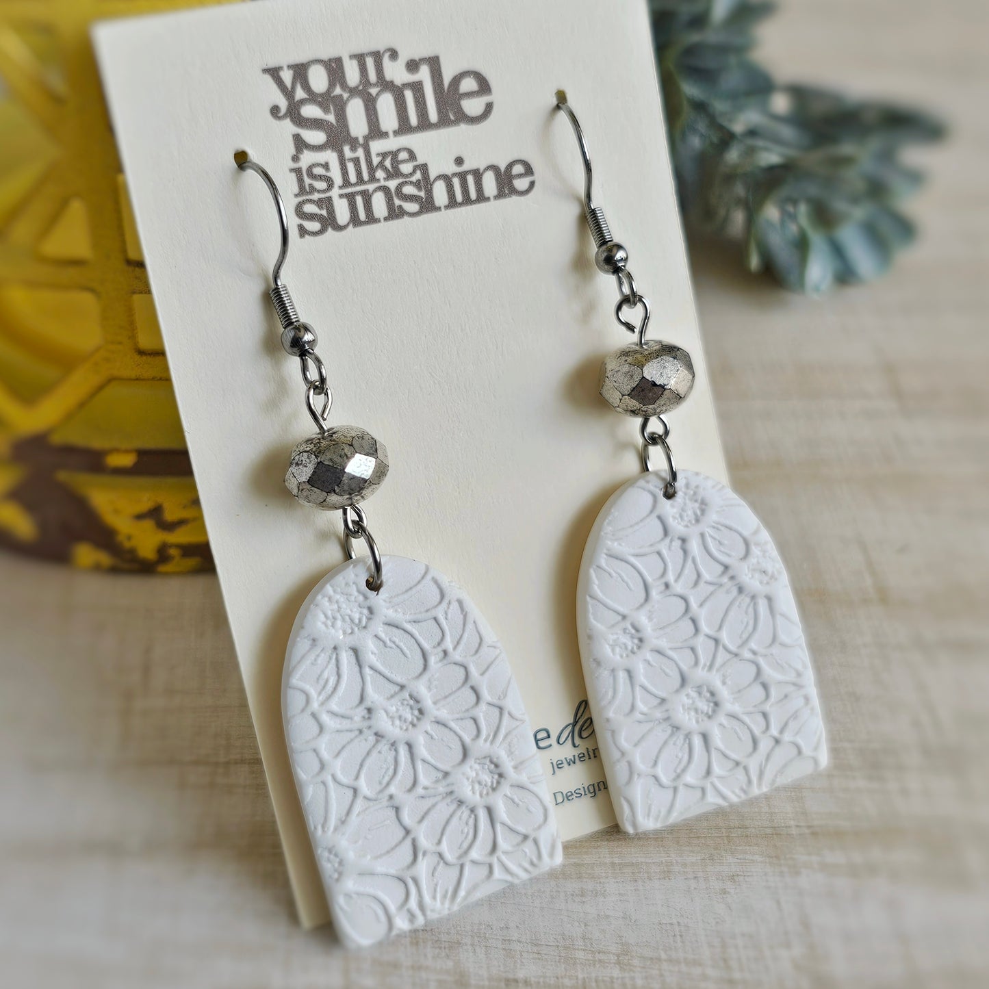 White Clay Floral Dangle Earrings
