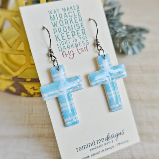 Light Blue Clay Cross Dangle Earrings