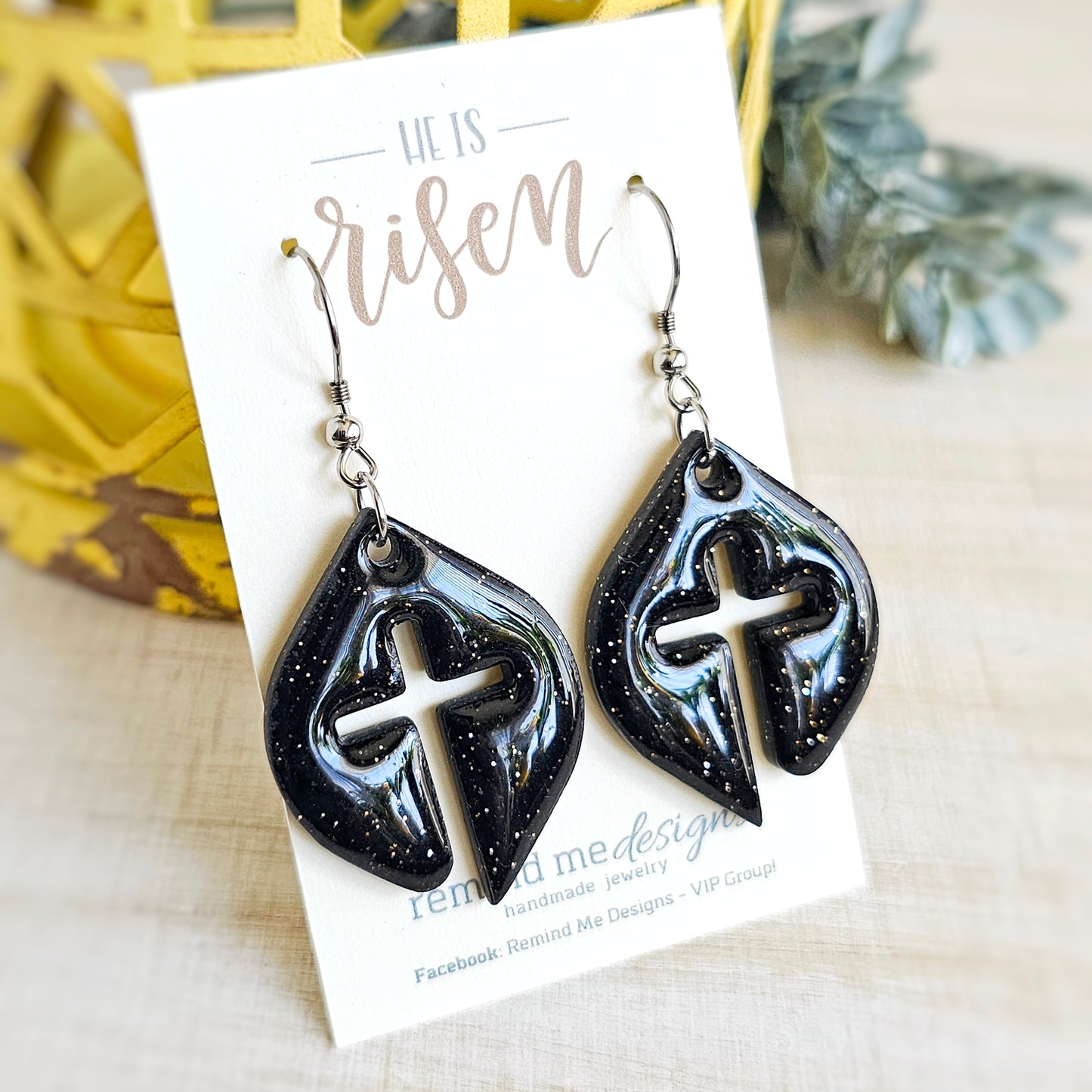 Black Glitter Leaf Shaped Cross Clay Dangle Earrings