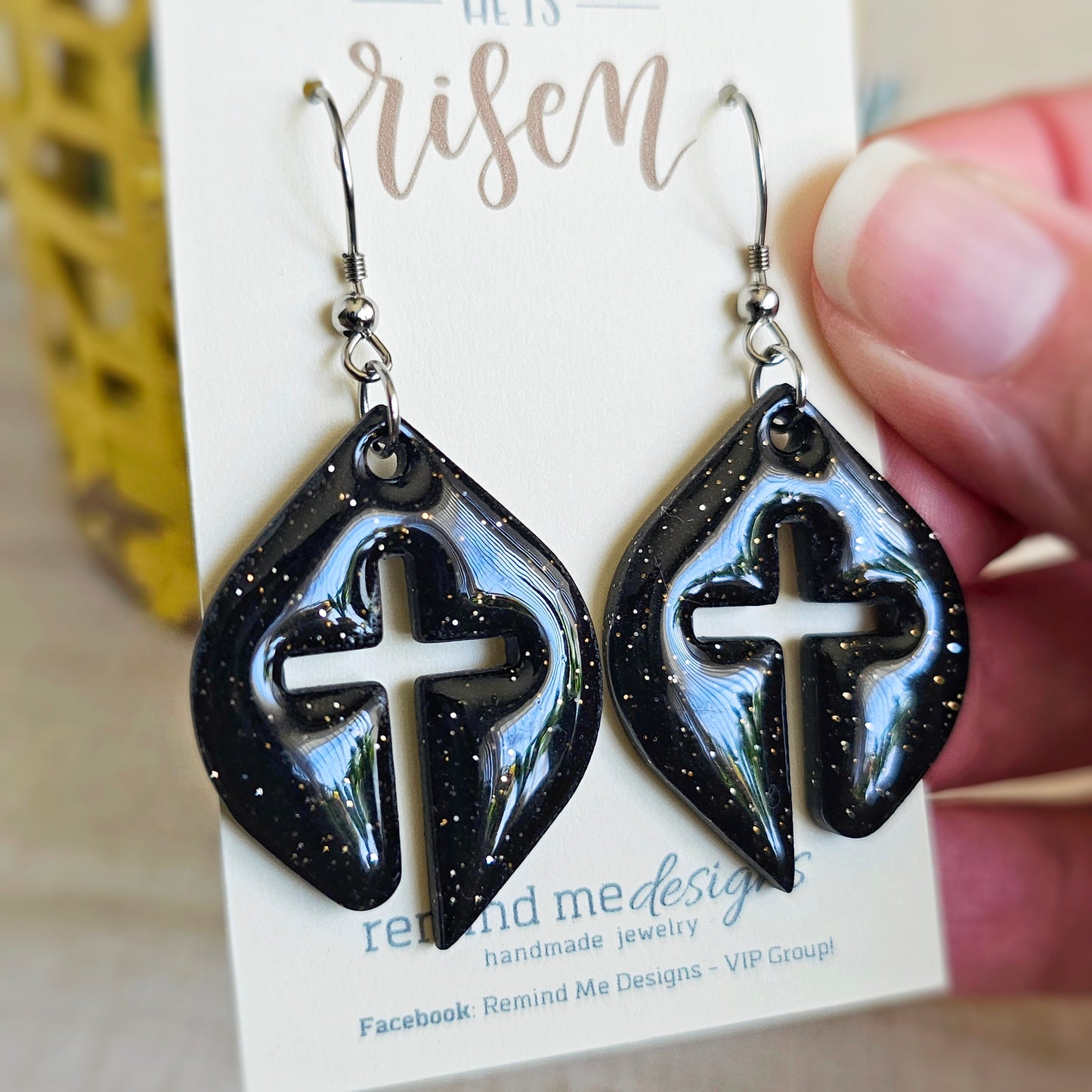 Black Glitter Leaf Shaped Cross Clay Dangle Earrings