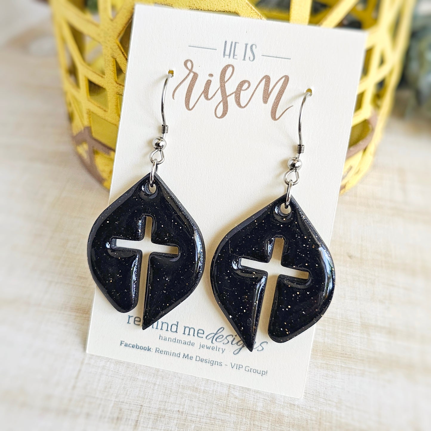 Black Glitter Leaf Shaped Cross Clay Dangle Earrings