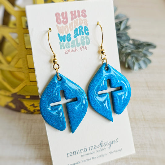 Pearl Teal Leaf Shaped Cross Clay Dangle Earrings
