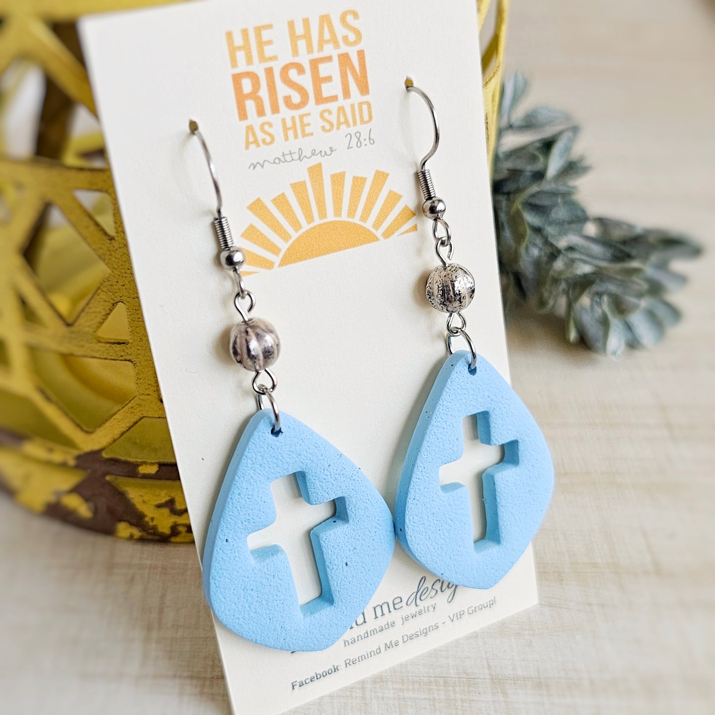 Light Blue Teardrop Cross Clay Dangle Earrings