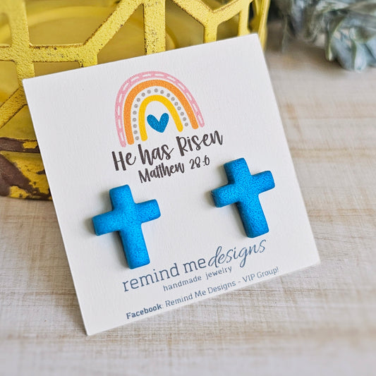 Pearl Teal Cross Stud Earrings