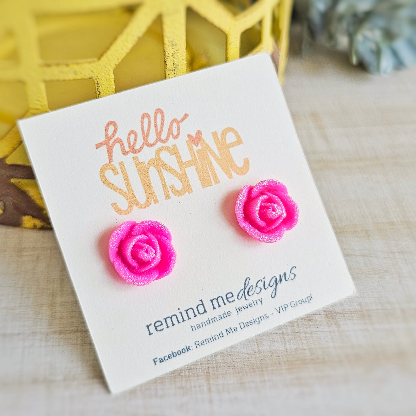 Glitter Bright Pink Resin Flower Stud Earrings
