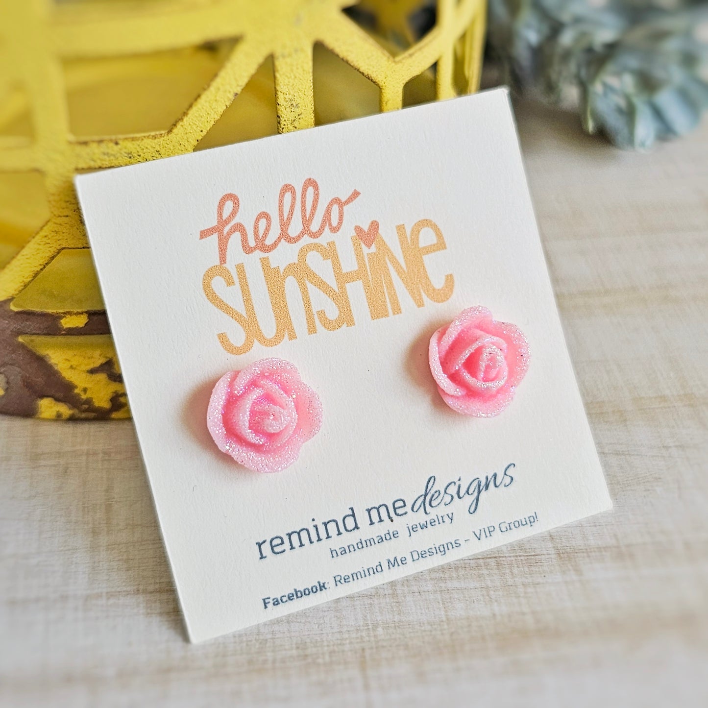 Glitter Light Pink Resin Flower Stud Earrings