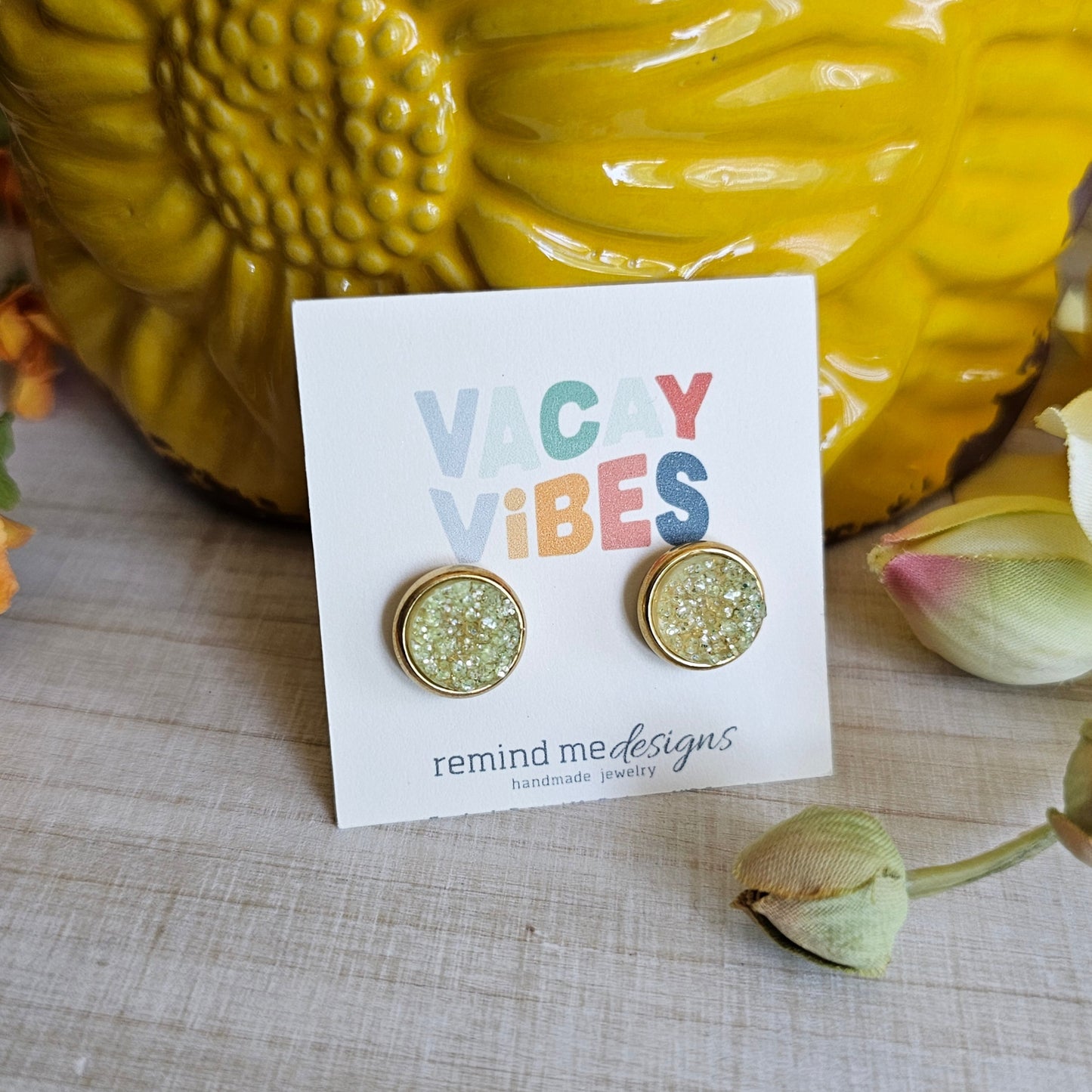 Bright Green Glitter Druzy Stud Earrings