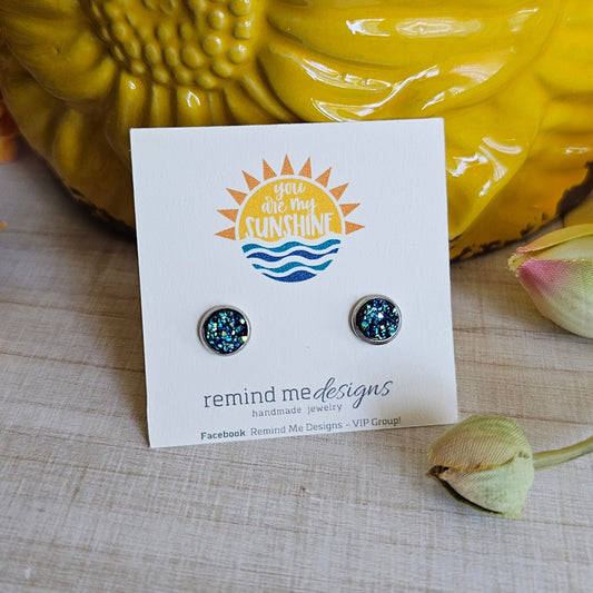 Blue Metallic Druzy Stud Earrings