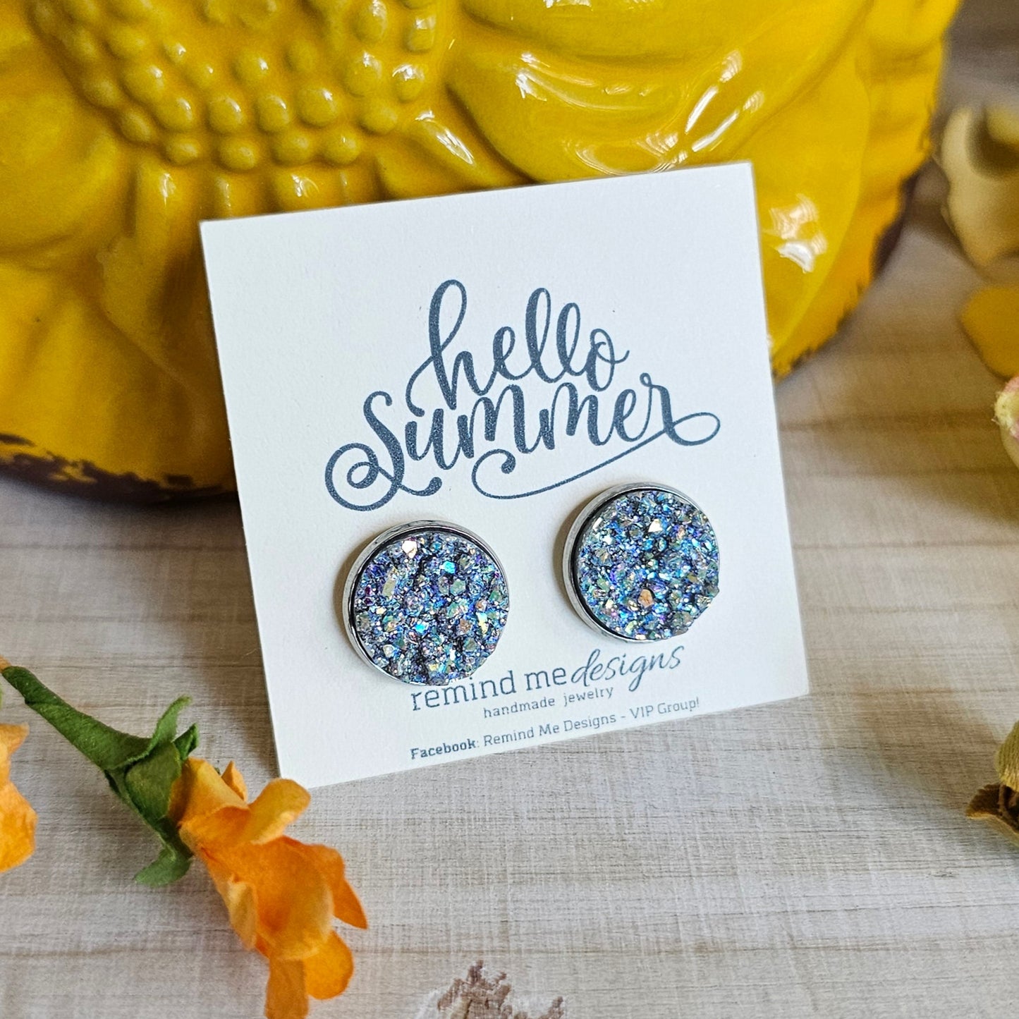 Iridescent Silver Druzy Stud Earrings