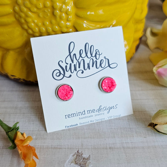 Hot Pink Druzy Stud Earrings