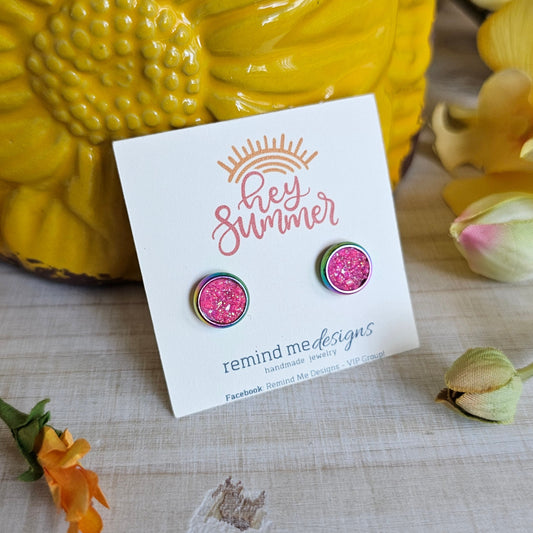 Pink Iridescent Druzy Stud Earrings